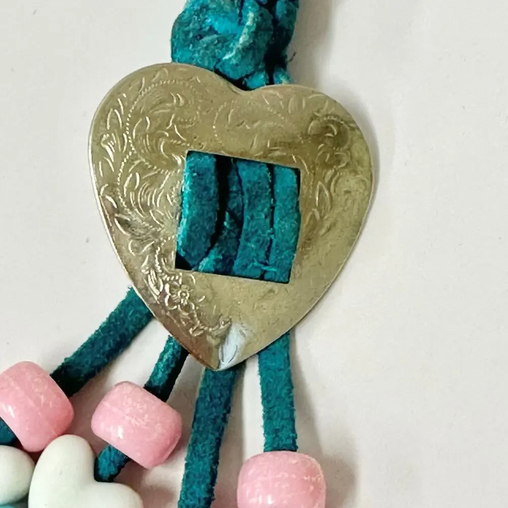 Vintage 90s handmade suede leather‎ and bead macrame Keychain heart concho boho